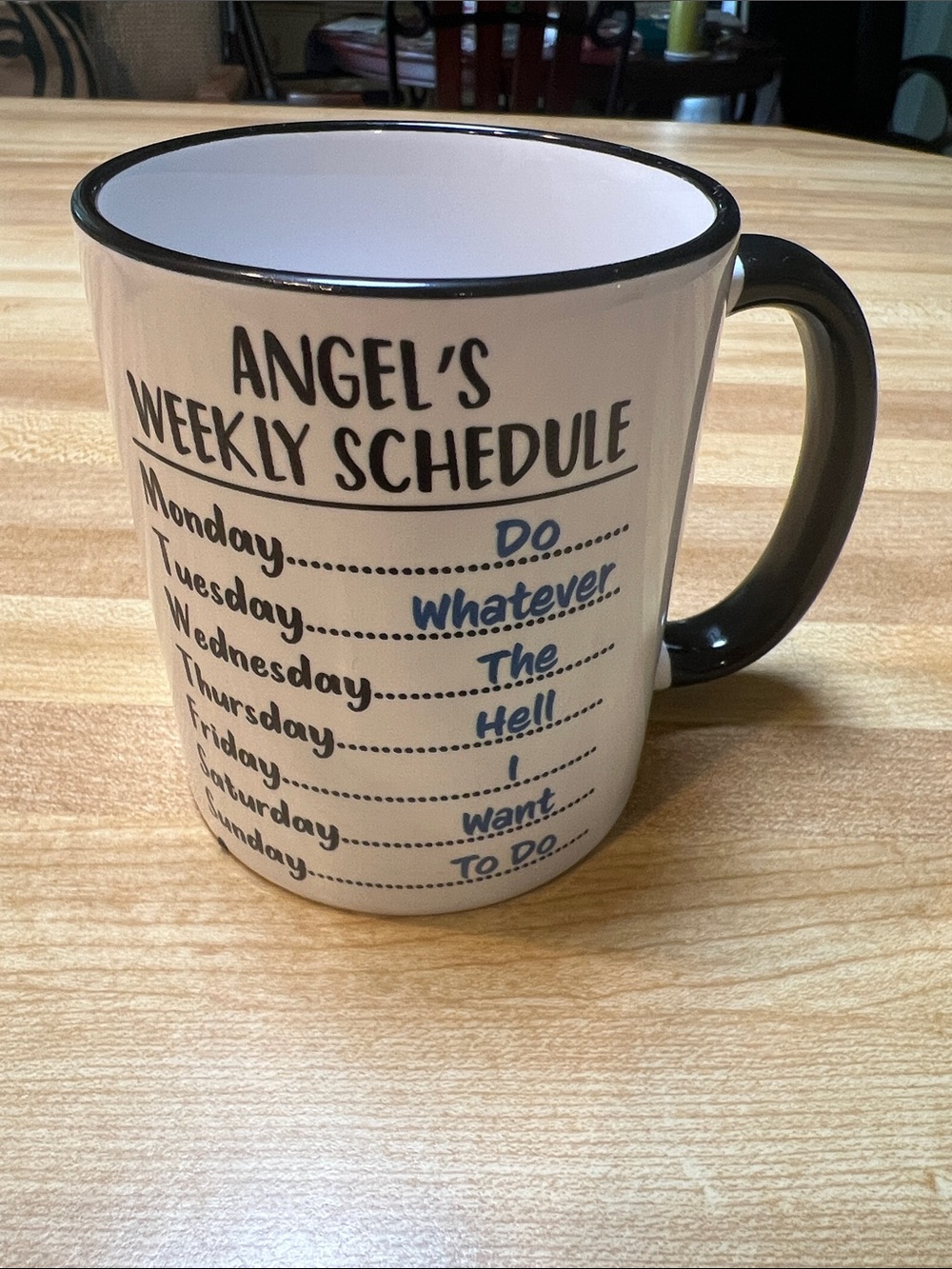 #3409**Personalized 'Angel's Weekly Schedule' White & Black Ceramic Mug